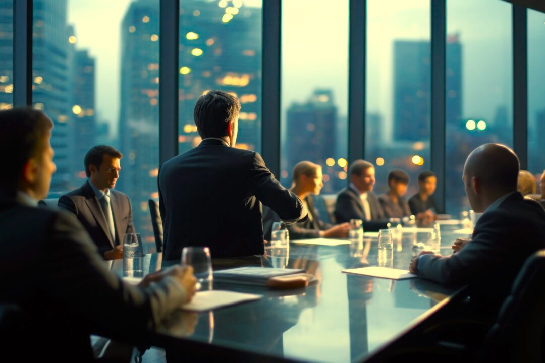 Leadership: Confident CEO addressing board of directors